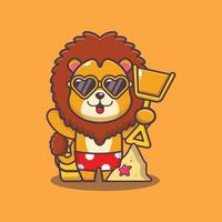 mignon, lion, dessin animé, mascotte, caractère, dans, lunettes soleil, jouer, sable, plage vecteur