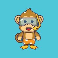 illustration de personnage de mascotte de dessin animé de plongée de singe mignon vecteur