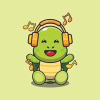 tortue mignonne écoutant de la musique avec illustration vectorielle de dessin animé de casque vecteur