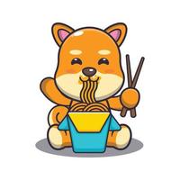 mignon shiba inu chien mangeant des nouilles illustration vectorielle de dessin animé vecteur