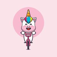 personnage de dessin animé de mascotte de licorne mignon à vélo vecteur