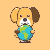 illustration de dessin animé mignon de chien étreignant la terre vecteur