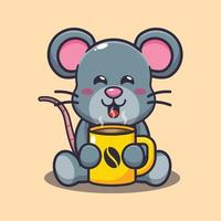 souris mignonne avec illustration vectorielle de dessin animé de café chaud vecteur