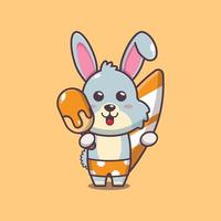 personnage de mascotte de dessin animé mignon lapin avec planche de surf tenant de la glace vecteur