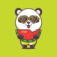 personnage de mascotte de dessin animé mignon panda manger de la pastèque fraîche vecteur