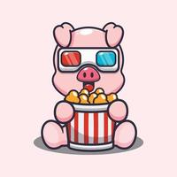 cochon mignon mangeant du pop-corn et regardant un film en 3d vecteur