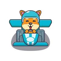 mignon, shiba inu, chien, mascotte, dessin animé, caractère, équitation, course, voiture vecteur