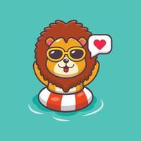 mignon, lion, dessin animé, mascotte, caractère, dans, lunettes soleil, nager, dans, plage, sur, bouée vecteur