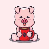 cochon mignon avec illustration vectorielle de dessin animé de café chaud vecteur