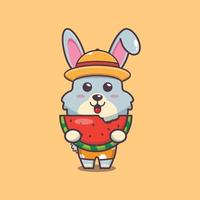 personnage de mascotte de dessin animé de lapin mignon manger de la pastèque fraîche vecteur