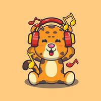 mignon léopard écoutant de la musique avec illustration vectorielle de casque dessin animé vecteur