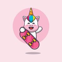 personnage de dessin animé de mascotte de licorne mignon avec planche à roulettes vecteur