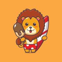 mignon, lion, dessin animé, mascotte, caractère, à, planche surf, tenue, glace vecteur