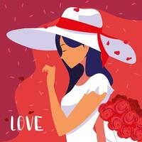 affiche femme avec chapeau et bouquet amoureux vecteur