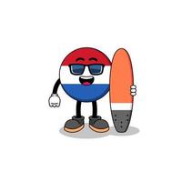 caricature de mascotte du drapeau néerlandais en tant que surfeur vecteur