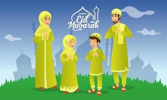 carte de voeux eid mubarak. dessin animé famille musulmane célébrant l'aïd al fitr avec la mosquée en arrière-plan vecteur