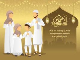 carte de voeux eid mubarak. dessin animé famille musulmane bénissant eid al fitr sur fond d'or. illustration vectorielle. vecteur