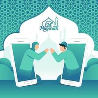 carte de voeux joyeux eid mubarak, couple musulman bénissant eid mubarak à travers des écrans de téléphones intelligents à l'aide d'un appel vidéo vecteur