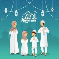 carte de voeux eid mubarak. dessin animé famille musulmane bénissant eid al fitr sur fond bleu. illustration vectorielle. vecteur