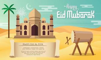 carte de voeux eid mubarak en illustration vectorielle de style plat. vecteur