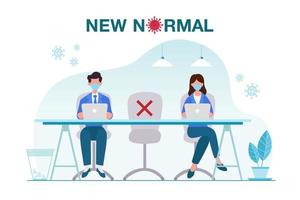 nouvelle illustration de concept normal avec des employés de bureau se tenant à distance les uns des autres et travaillant avec un masque facial pour prévenir les épidémies vecteur