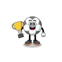 mascotte de dessin animé de ballon de football tenant un trophée