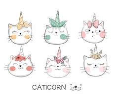 Cute Baby Caticorn Set Dessiné à la main vecteur