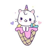 Dessin animé mignon Licorne de chat avec glace vecteur