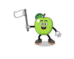illustration de dessin animé de pomme verte tenant un drapeau blanc vecteur