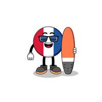 caricature de mascotte du drapeau de la france en tant que surfeur vecteur