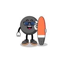 caricature de mascotte de boule de billard en tant que surfeur