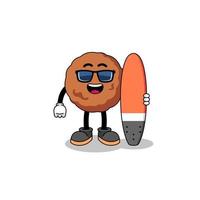 caricature de mascotte de boulette de viande en tant que surfeur vecteur