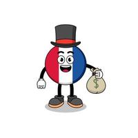 illustration de mascotte drapeau france homme riche tenant un sac d'argent vecteur