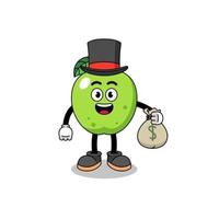 illustration de mascotte de pomme verte homme riche tenant un sac d'argent vecteur