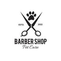 ciseaux de chien et création de logo de patte, coupe de cheveux de chien de salon pour animaux de compagnie vecteur