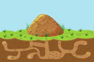fourmilière avec trous et passages, vue en coupe souterraine. caricature de vecteur de colline avec des termites à l'extérieur et à l'intérieur.