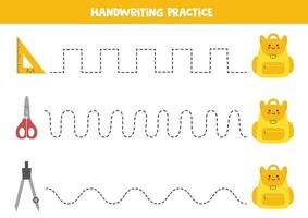 tracer des lignes avec de jolies fournitures scolaires et des sacs à dos. pratique de l'écriture. vecteur