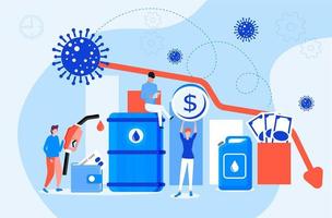 vecteur de concept décroissant du prix du pétrole. crise du marché pétrolier. impact du virus corona sur la chute des prix du pétrole.la flèche rouge va à zéro. petits hommes d'affaires paniqués. plate-forme pétrolière, station-service, baril