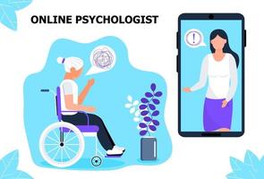 vecteur de concept de psychologue en ligne. une femme âgée handicapée reçoit une consultation de psychologie professionnelle. dépression, tristesse, illustration de la santé mentale dans un style plat. médical, en ligne, service d'aide