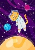 chat astronaute dans une combinaison spatiale vole dans l'espace parmi les planètes vecteur