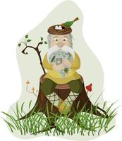 grand-père - l'esprit de la forêt est assis sur une souche d'arbre, dans ses mains un téléphone, un nid d'oiseau sur la tête vecteur