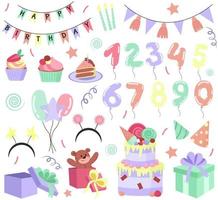 jeu d'anniversaire de vecteur. gâteau, cadeaux, boules, cupcakes, guirlandes, casquettes vecteur