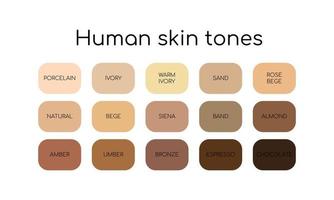 palette de tons de peau par nom. différents types de peau humaine. jeu d'icônes plat. vecteur