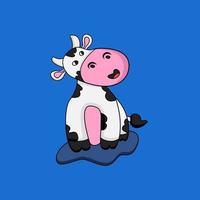 dessin animé mignon vache assis et sourire vecteur