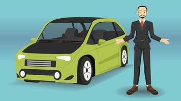 vendeur ou homme d'affaires en costume uniforme au centre de service de vente de véhicules avec couleur verte de voiture de sport de véhicule électrique. vecteur