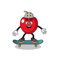 mascotte de cerise jouant à une planche à roulettes vecteur