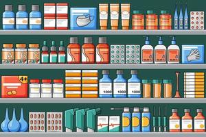 étagères de pharmacie avec des médicaments médicaux. dessin animé. illustration vectorielle