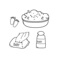 ensemble d'articles de bain pour bébé dessinés à la main, doodle de style croquis de dessin animé pour icône, bannière. vecteur