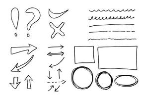 lignes et courbes vectorielles de doodle. signes de contrôle et de flèches dessinés à la main. ensemble de lignes, courbes, cadres et taches simples de doodle. collection d'effets de crayon. bordure de griffonnage. ensemble de griffonnage simple. vecteur