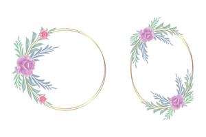 cadre doré rond avec des roses roses et rouges aquarelles, des feuilles tropicales et de palmiers. bouquet de mariée dans un cadre pour la conception d'une invitation élégante. vecteur